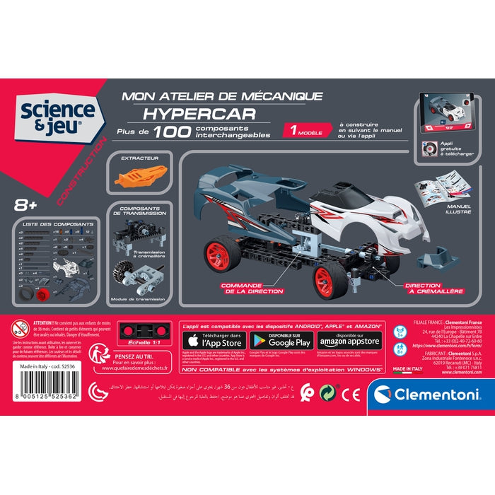 Clementoni Laboratorio Di Meccanica – Hypercar Da Corsa, Oltre 100 Pezzi, Versione Francese, 8+ Anni – Gioco Costruttivo STEM Con App 3D